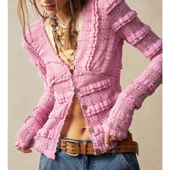 Tops - Boho Fitted Button Down Frill Ruffle Detail Long Sleeve top
